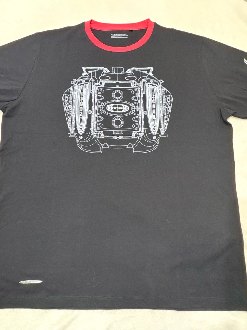 Men's Black Crewneck Tee with Red Neck Trim and White Tech Graphic